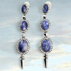 Long Silvertone Dangle Earrings Triple Rhinestone Framed Sodalite Cabochons